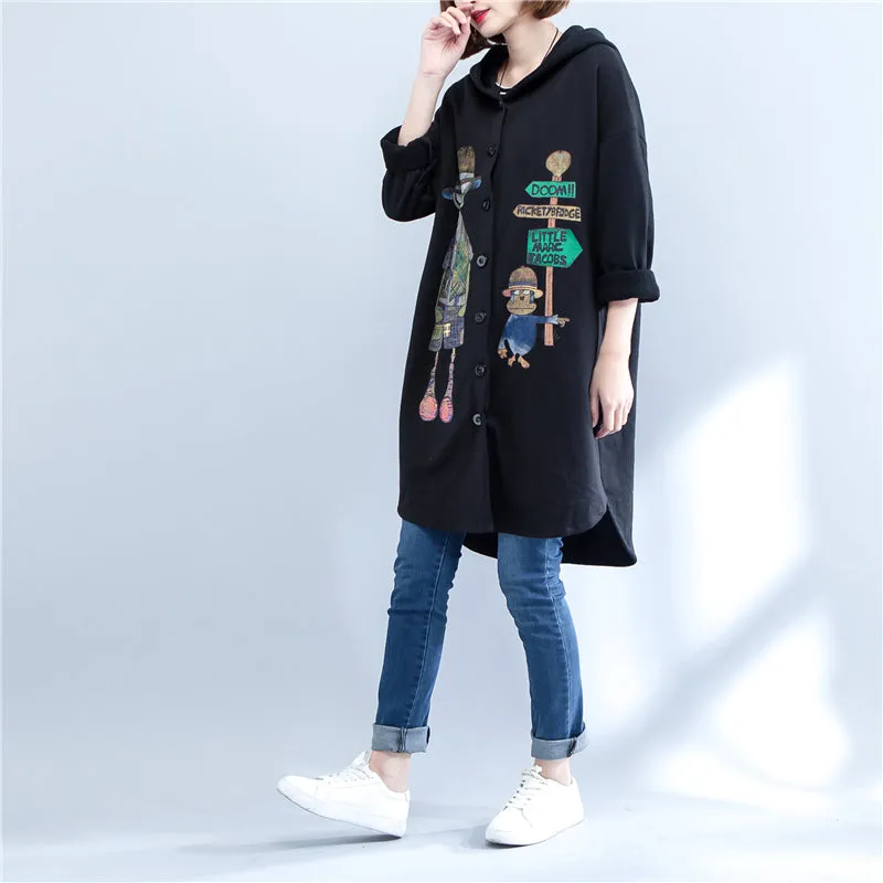 2025 autumn black print cotton coats plus size low high hooded trench coats