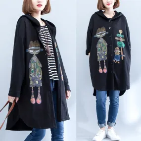 2025 autumn black print cotton coats plus size low high hooded trench coats