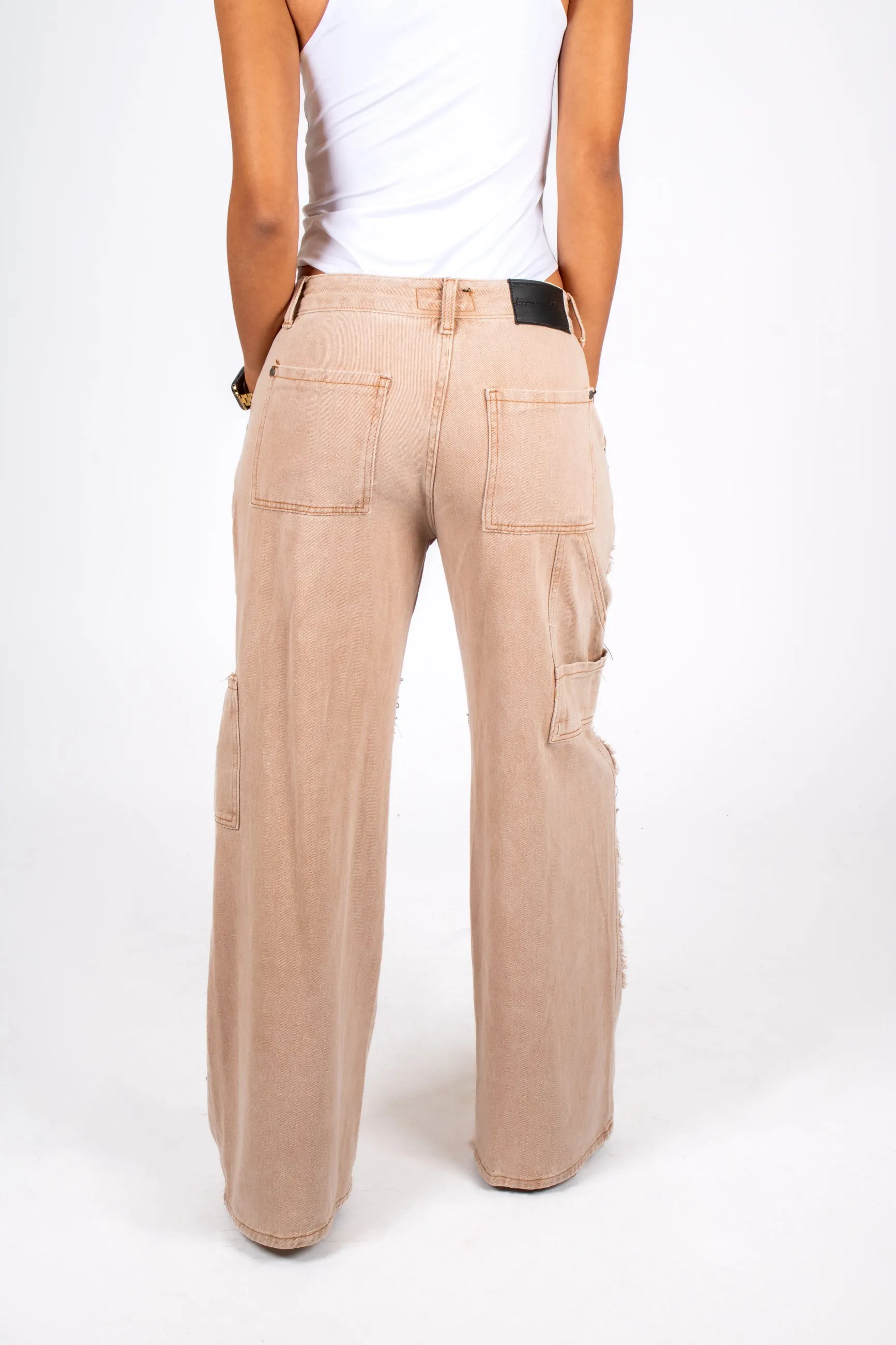 Beige Mid Rise Carpenter Wide Leg Jean