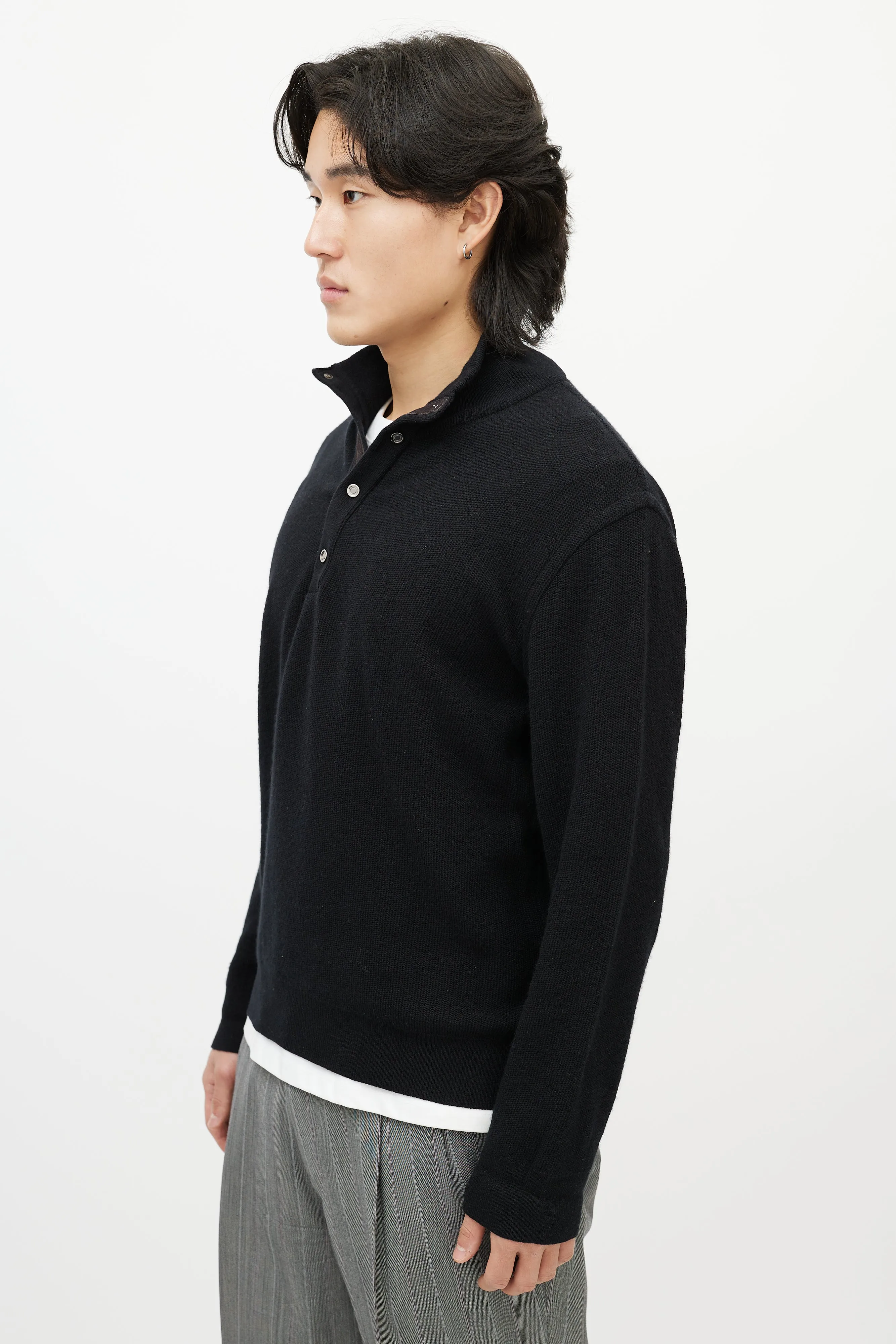 Black Cashmere Quarter Button Up Sweater