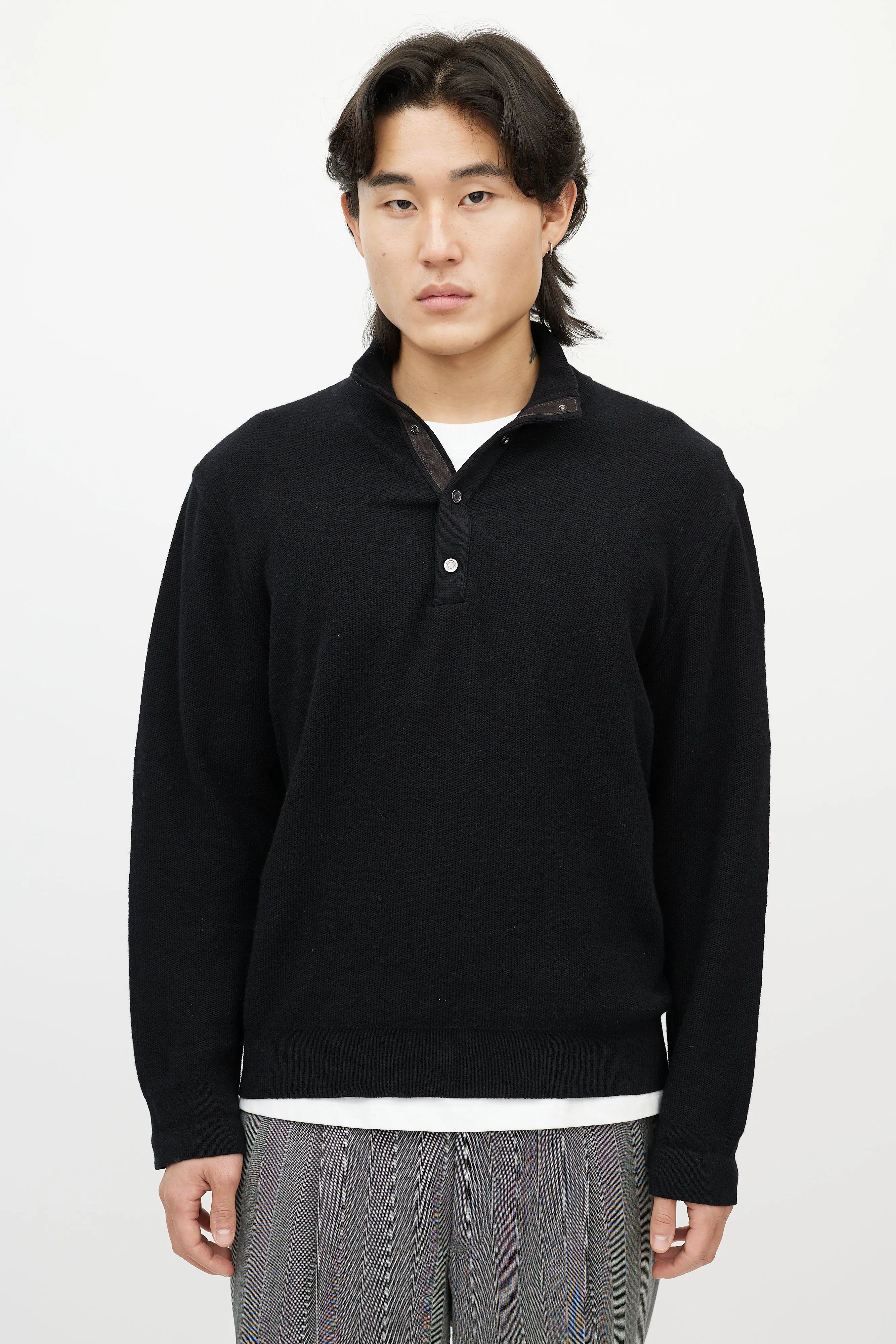Black Cashmere Quarter Button Up Sweater