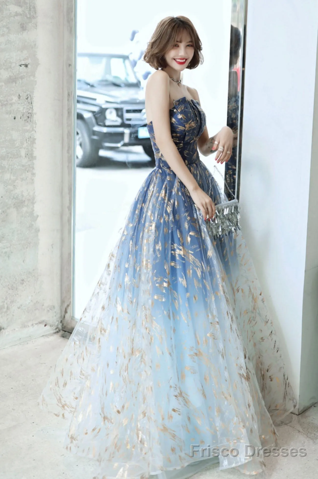 Blue Tulle Gradient Long Formal Gowns, A-Line Strapless Evening Dresses