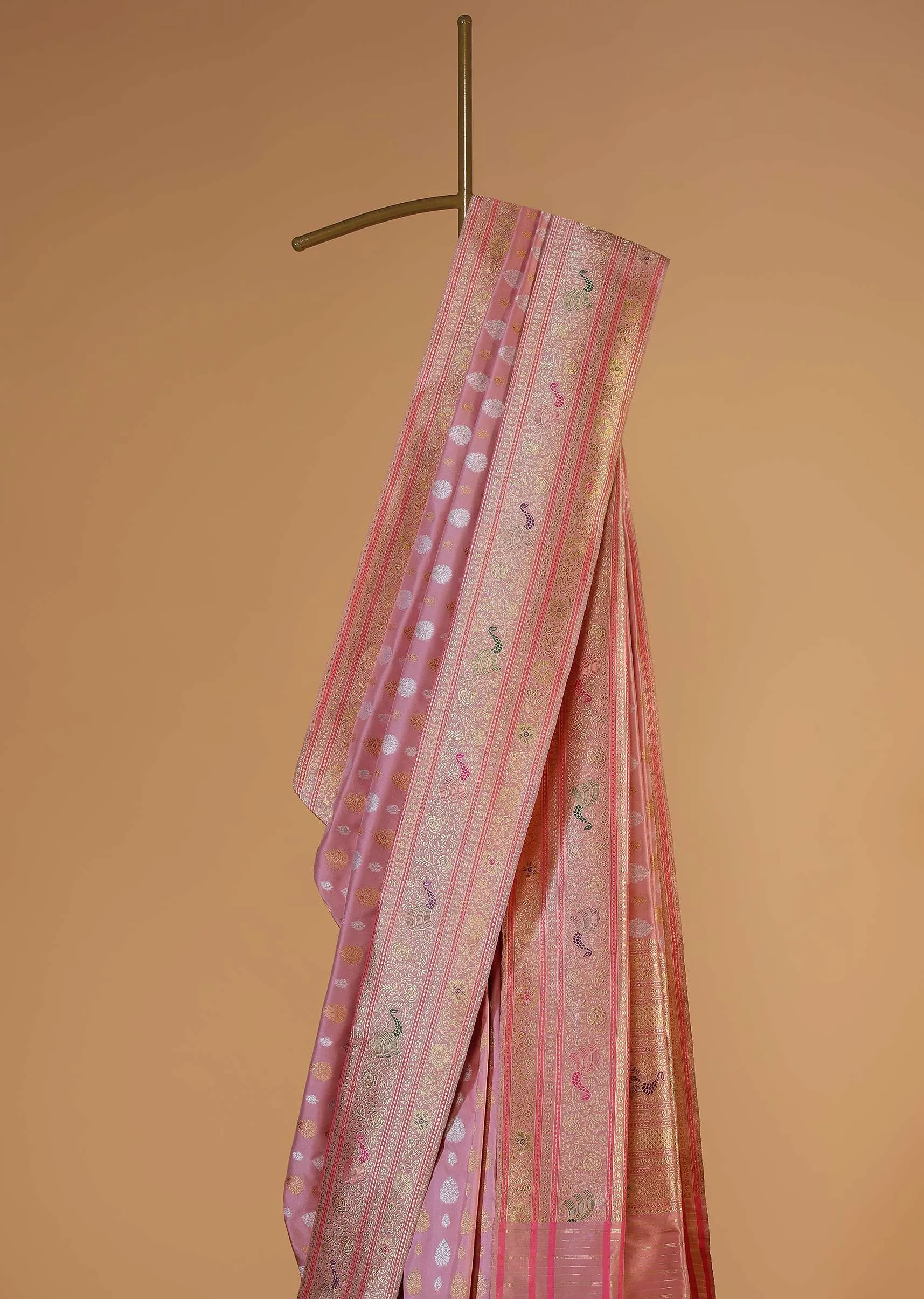 Blush Pink Banarasi Silk Saree In Kadhva Weave With Unstitched Blouse