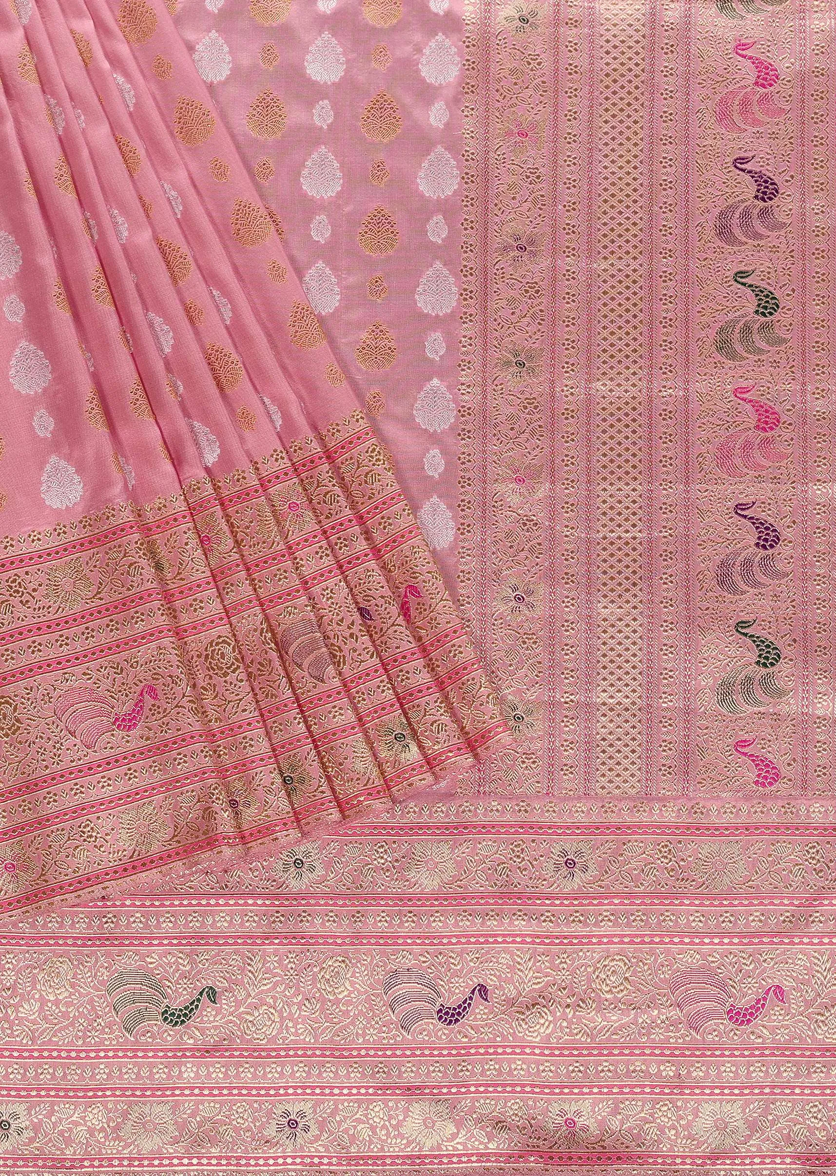 Blush Pink Banarasi Silk Saree In Kadhva Weave With Unstitched Blouse