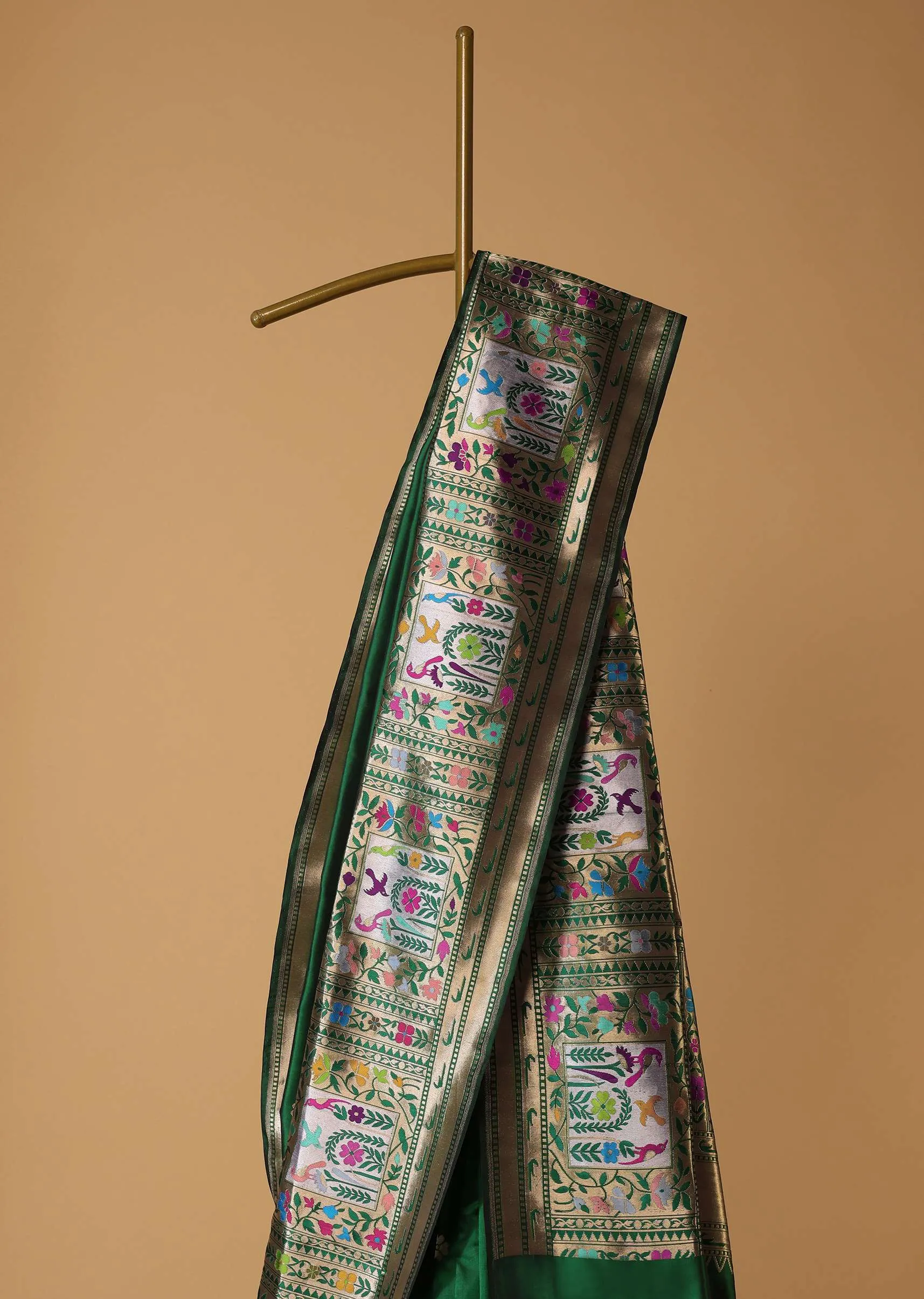Bottle Green Woven Saree In Pure Katan Silk With Paithani Border Pallu And Unstitched Blouse