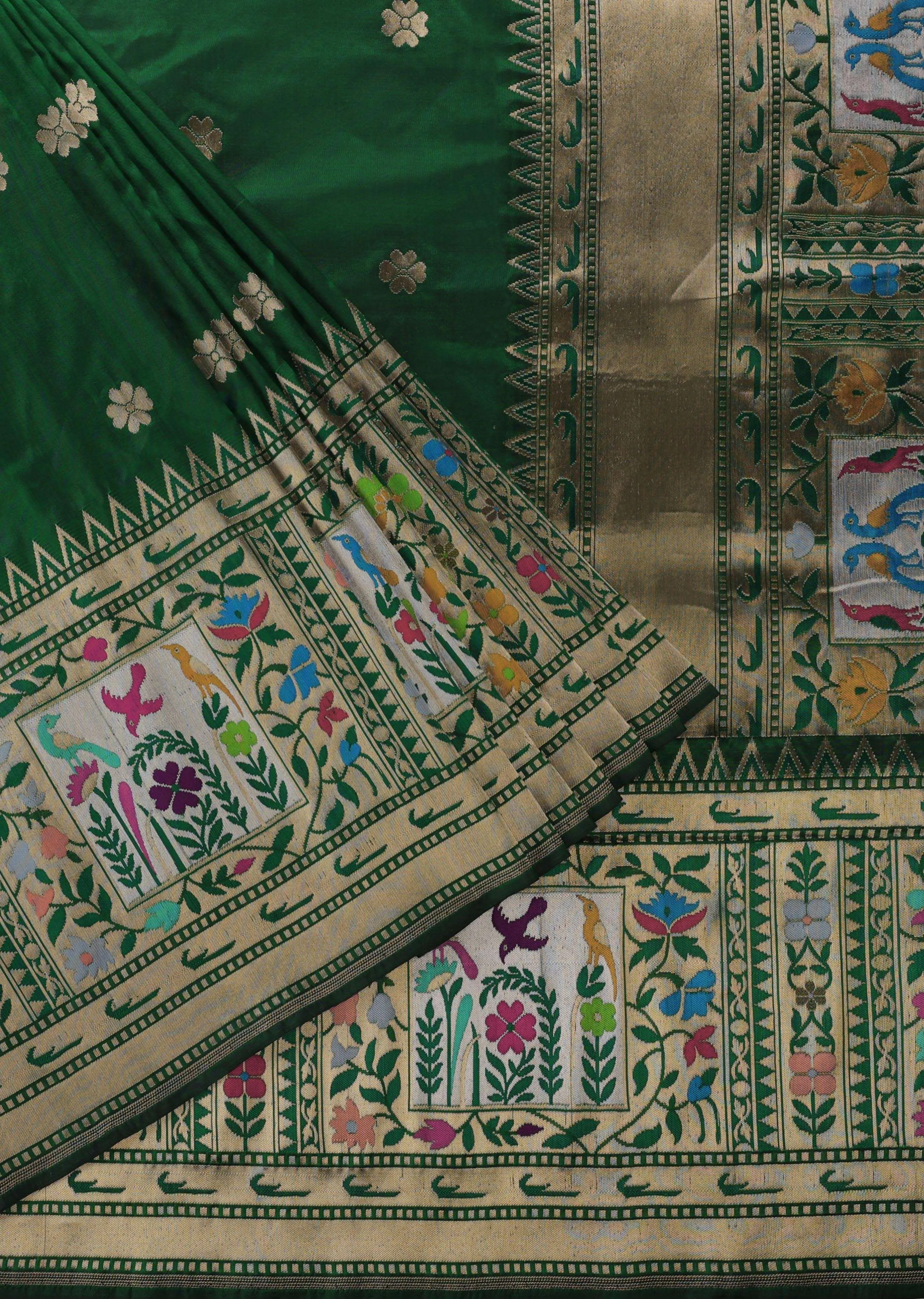 Bottle Green Woven Saree In Pure Katan Silk With Paithani Border Pallu And Unstitched Blouse
