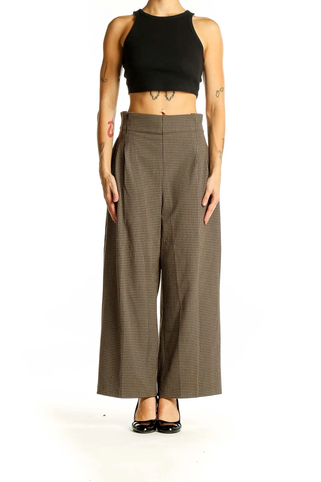 Brown Houndstooth Wide-Leg Trousers