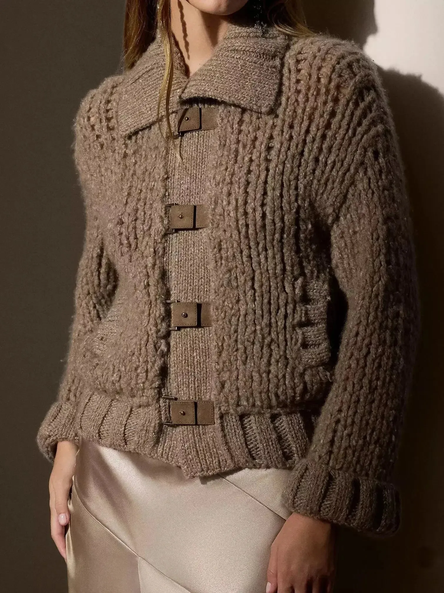 Cashmere Knit Cardigan with Suede Buckle Tab Closure