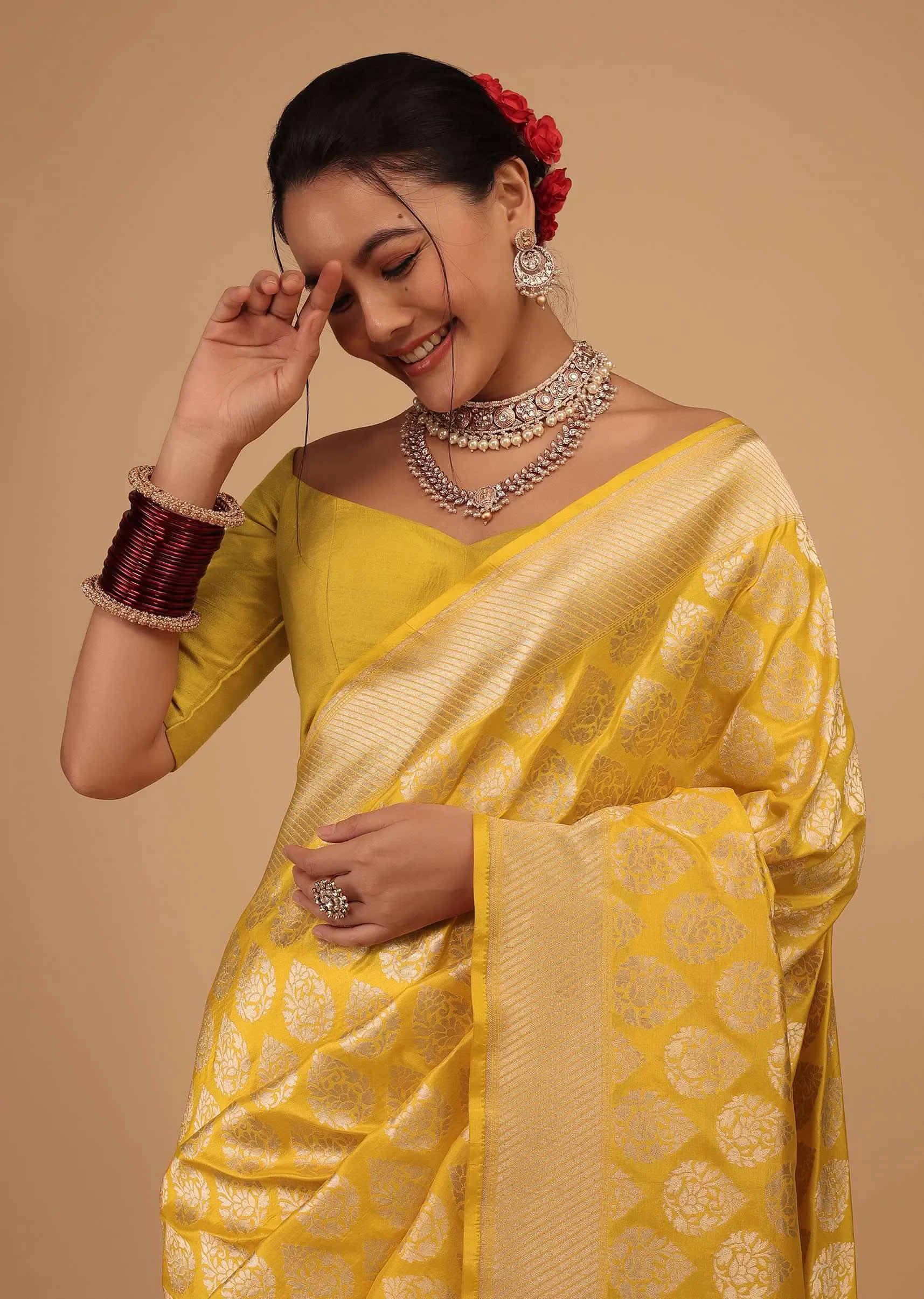 Citrus Yellow Saree In Pure Banarasi Silk With Upada Zari Weave Floral Butti Work