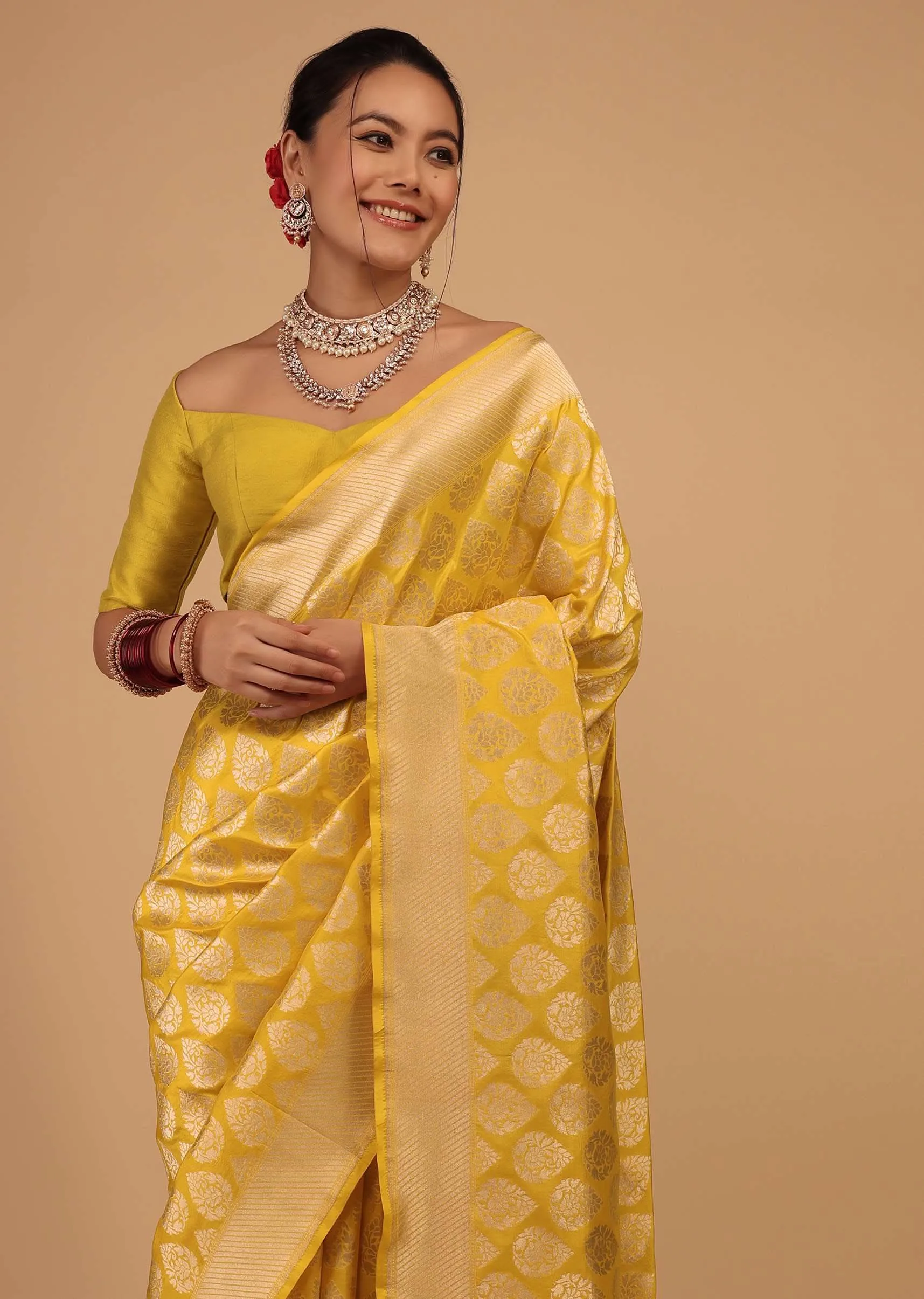 Citrus Yellow Saree In Pure Banarasi Silk With Upada Zari Weave Floral Butti Work