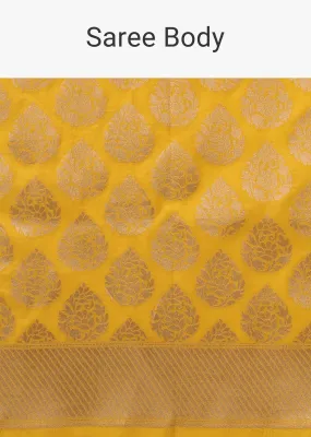 Citrus Yellow Saree In Pure Banarasi Silk With Upada Zari Weave Floral Butti Work