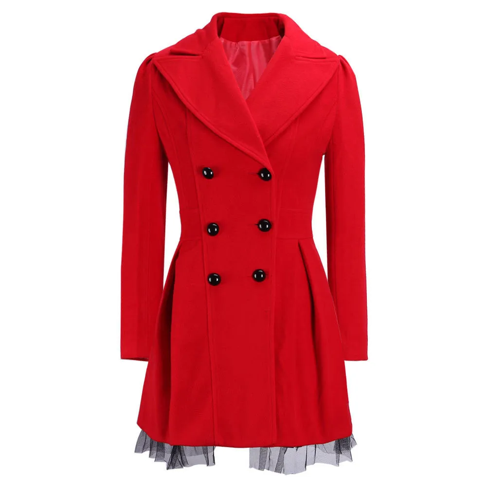 Double-Breasted Beam Waist Ruffles Women's Coat
