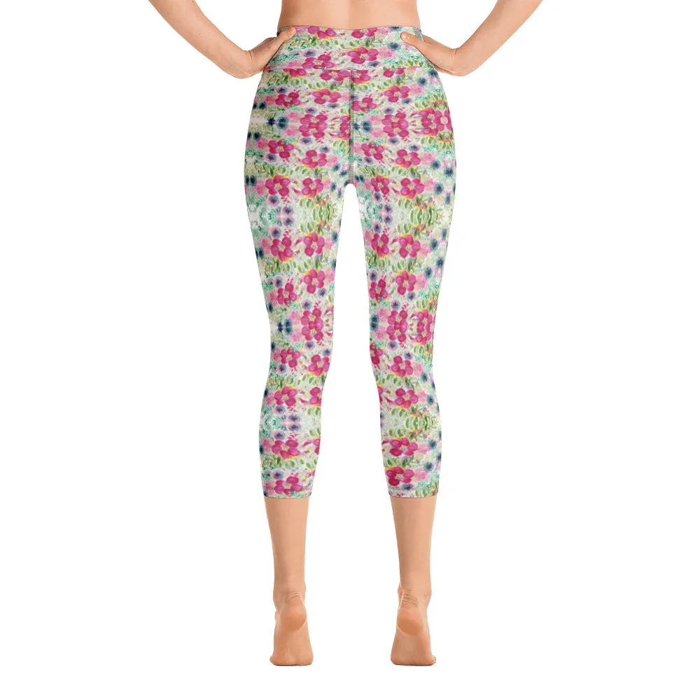 Floral Print Yoga Capri Leggings, Rose Mixed Flower Print Women's Gym Pants-Made in USA/EU