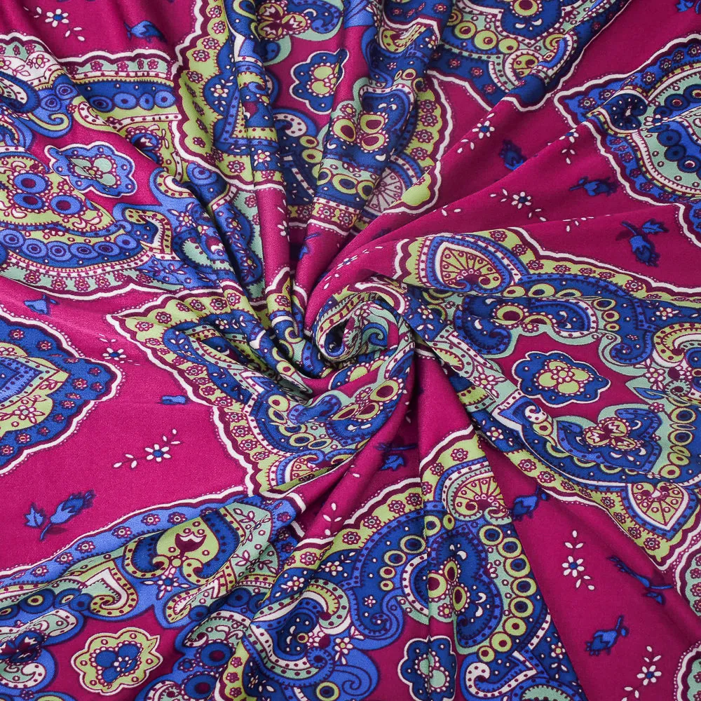 Fuchsia-Multi Bandana Border Pattern Print Stretch Silk Jersey Knit Fabric