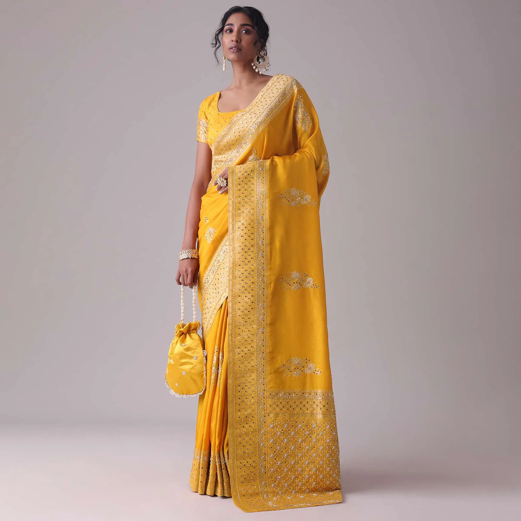 Gold Fusion Yellow Embroidered Saree In Khadi Silk