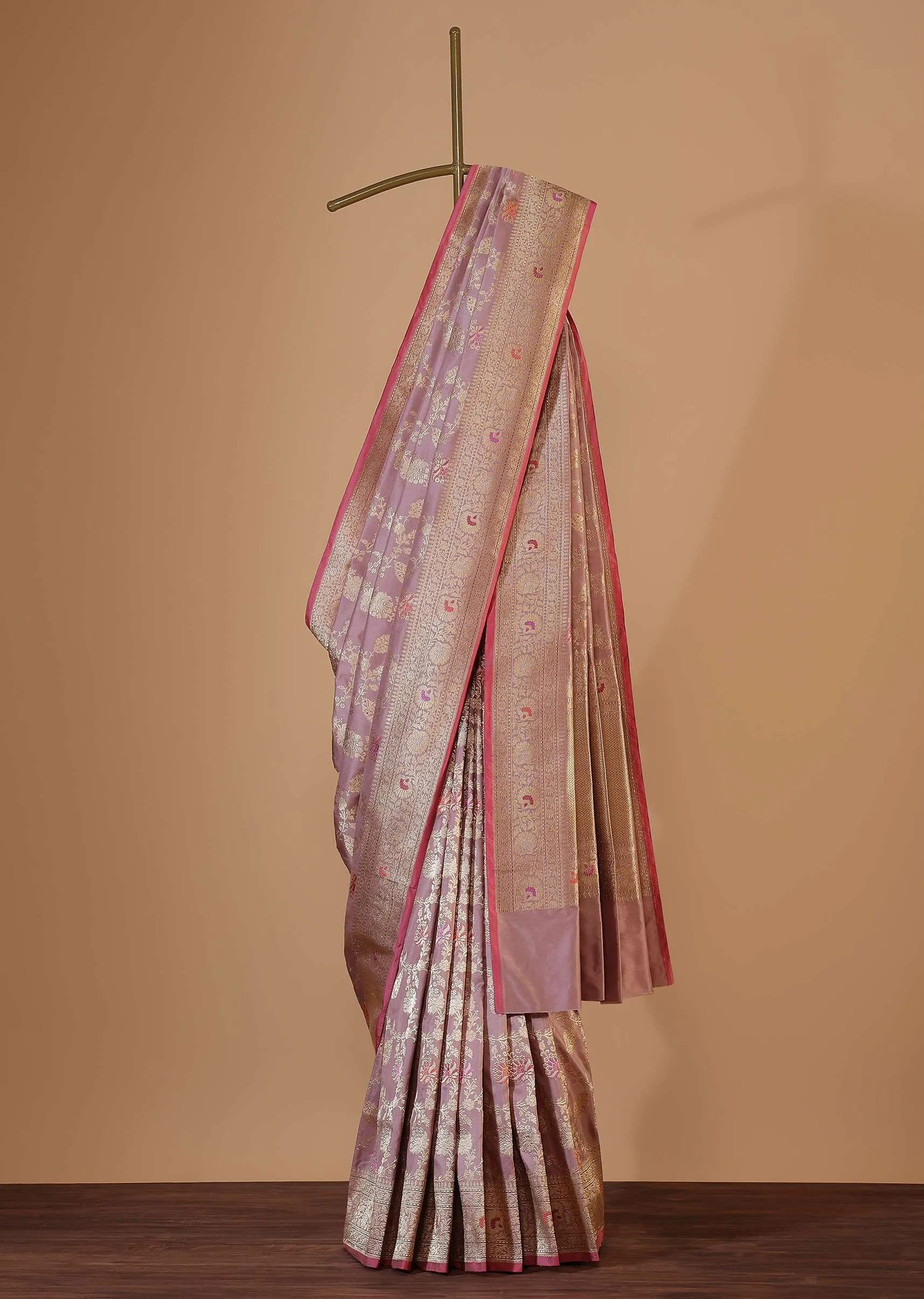 Lavender Purple Saree In Uppada Silk With Meenakari Weave And Unstitched Blouse