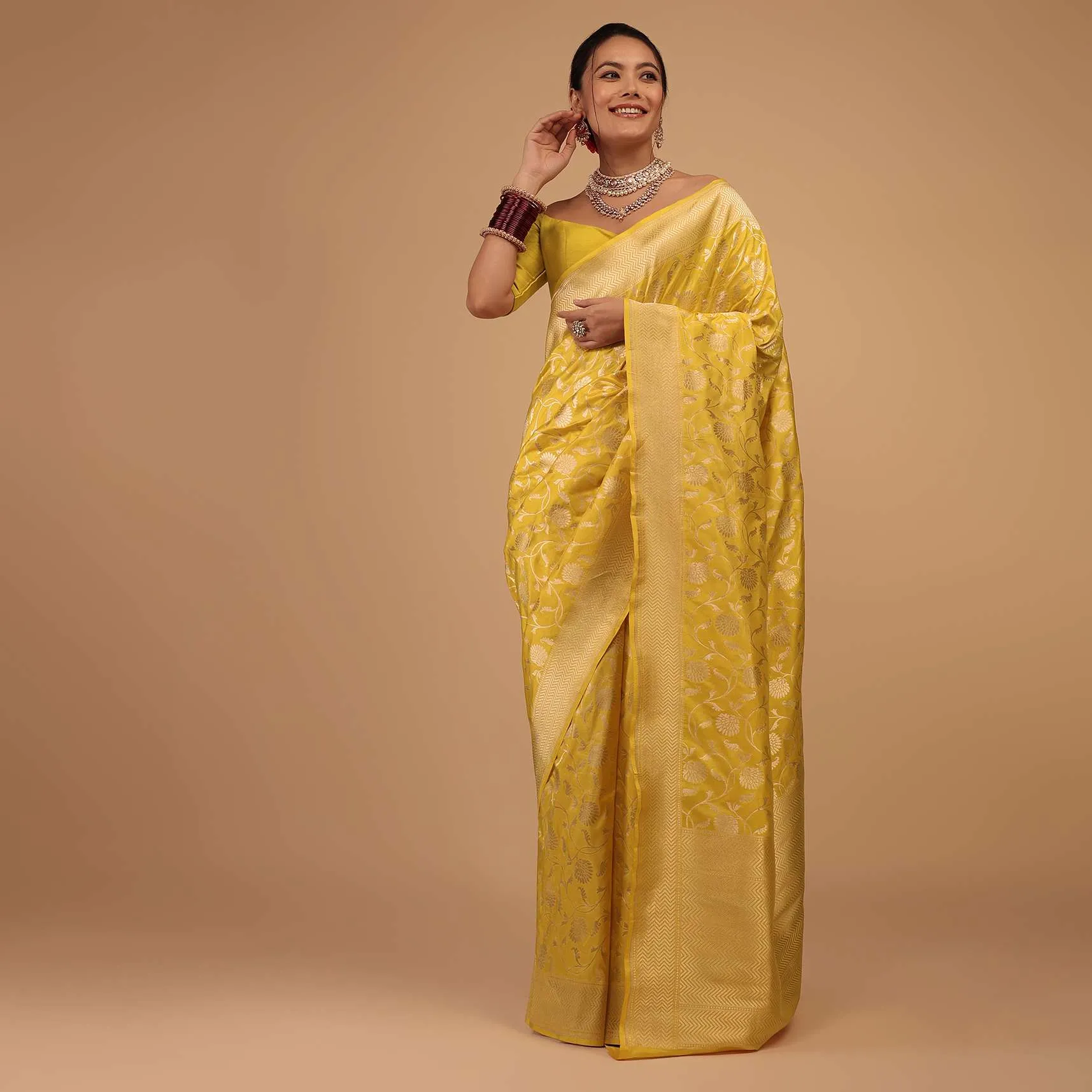 Lemon Yellow Saree In Pure Banarasi Silk With Upada Zari Weave Floral Jaal Work