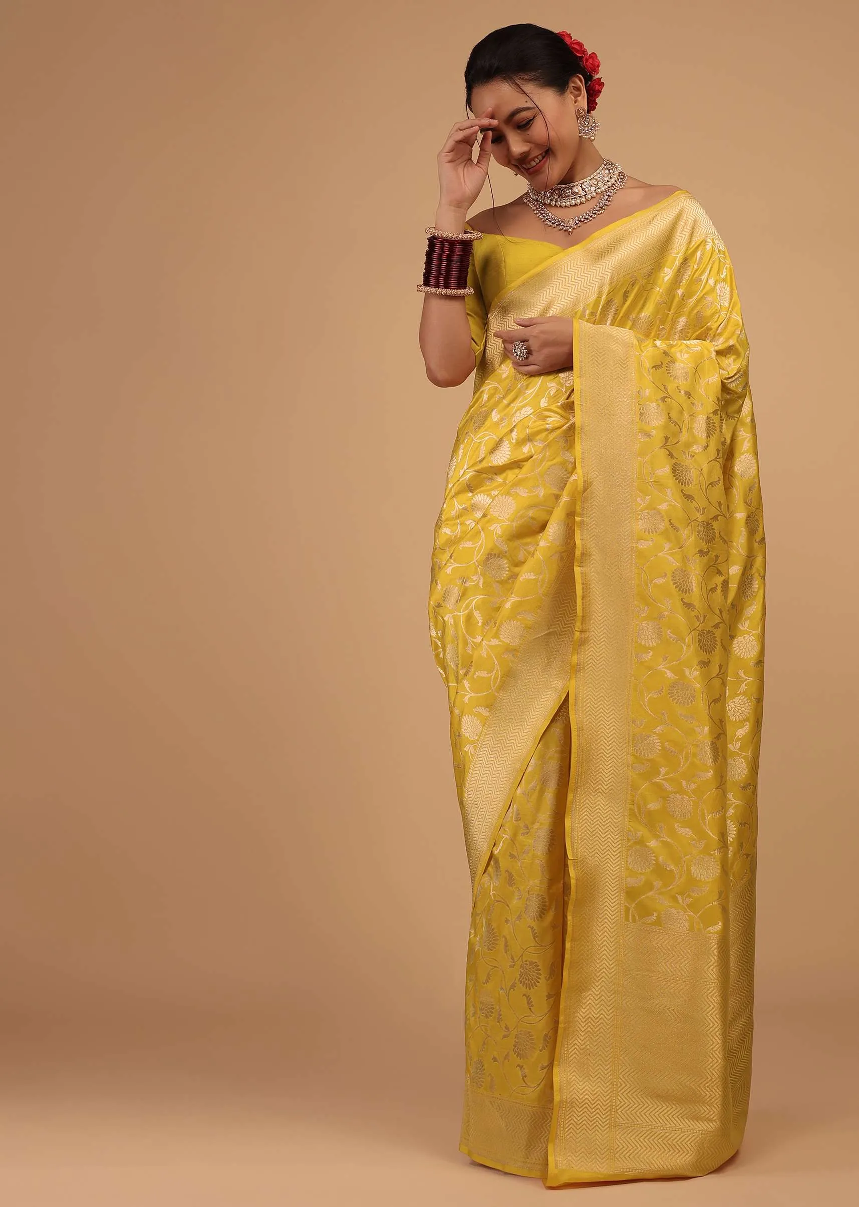 Lemon Yellow Saree In Pure Banarasi Silk With Upada Zari Weave Floral Jaal Work