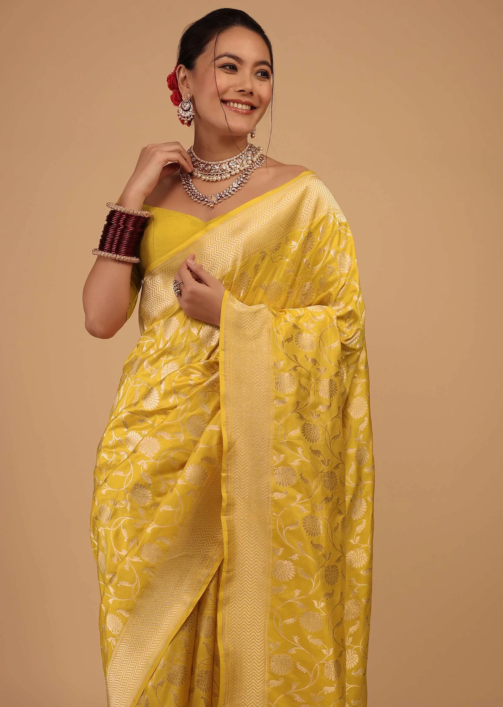 Lemon Yellow Saree In Pure Banarasi Silk With Upada Zari Weave Floral Jaal Work