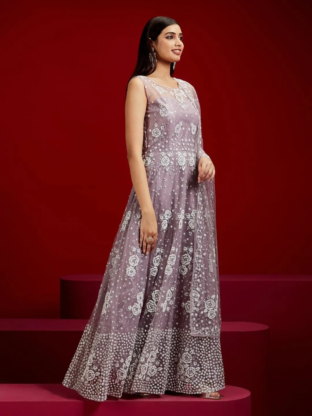 Libas Art Mauve Embellished Polyester Gown With Dupatta