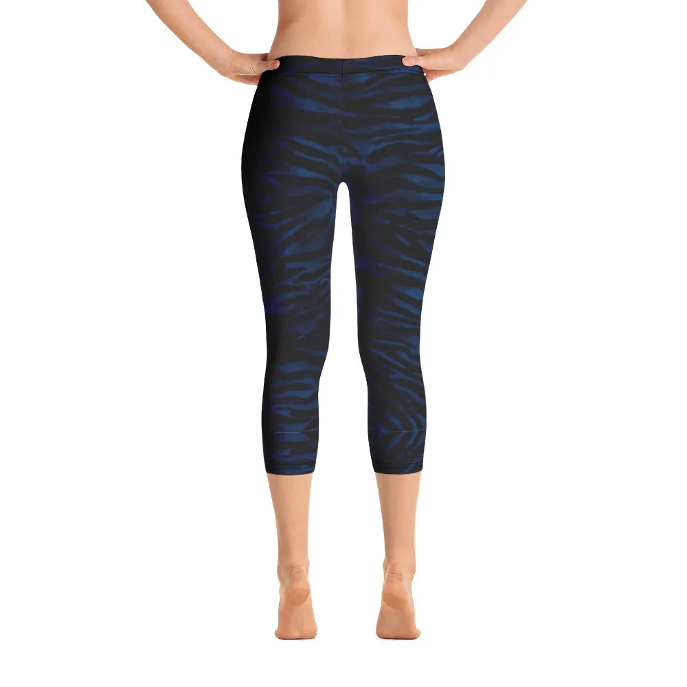 Navy Blue Tiger Capri Leggings, Tiger Striped Animal Print Yoga Tights For Ladies-Made in USA/EU