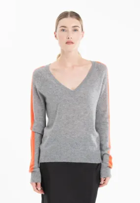 Ria 1 V-Neck Sweater with Band On the Sleeves in Light Grey/Mandarin Cashmere