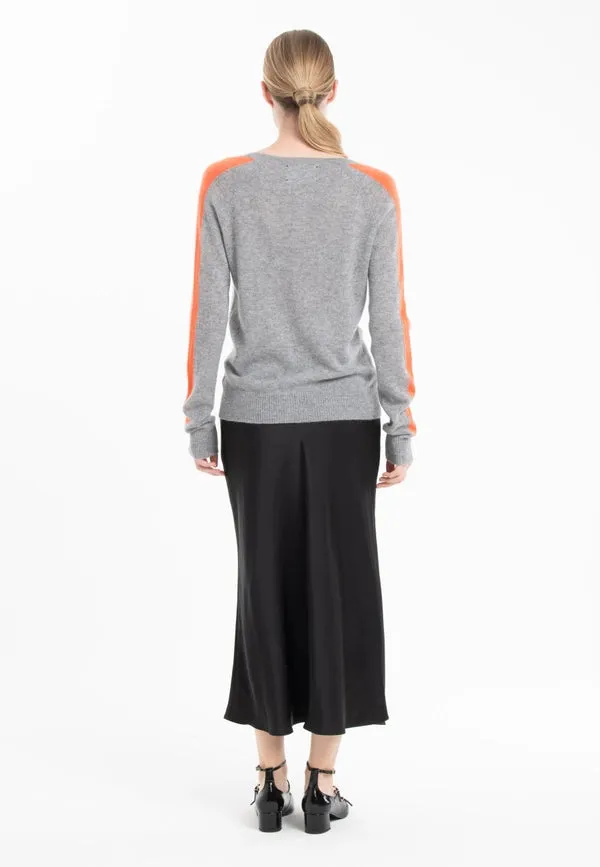Ria 1 V-Neck Sweater with Band On the Sleeves in Light Grey/Mandarin Cashmere