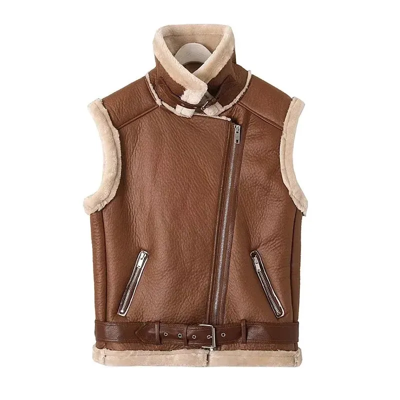 TRAF 2023 Woman Winter Vest Coat, Cotton Imitation Leather Vests, Sleeveless Jacket, Windproof Casual Warm Trench Coats, Winter Fashion, Women's Outerwear